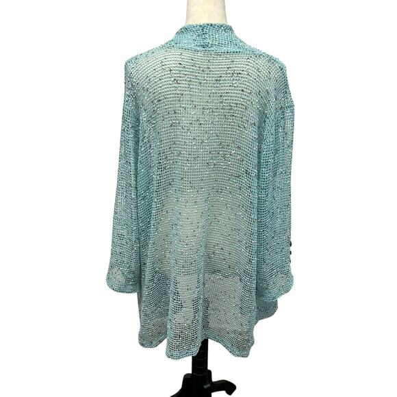 Coastal Grandma Aqua Open Knit Cardigan Button Trim Artsy Textures 1X - Picture 3 of 6